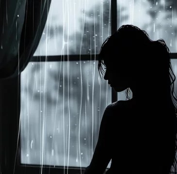 A silhouette of a sad-looking girl standing near a window while rain is pouring down on an overcast day.