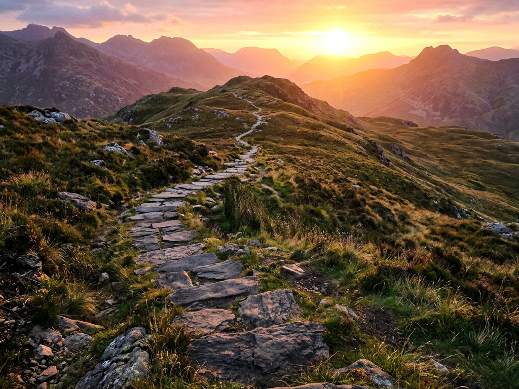 Stone pathway winding through green hills under a colorful sunset sky with mountain silhouettes
