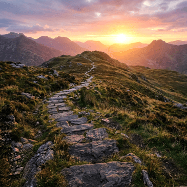 Stone pathway winding through green hills under a colorful sunset sky with mountain silhouettes