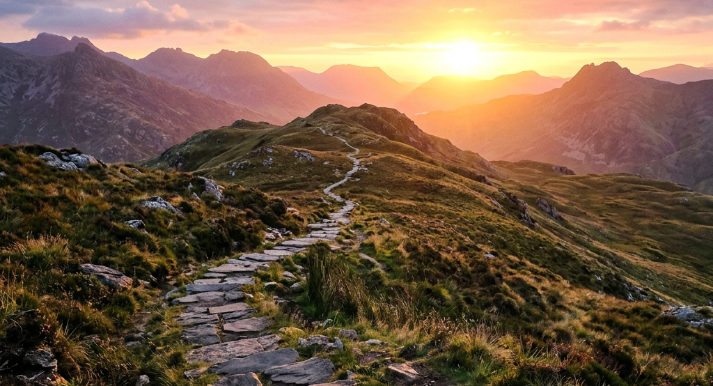 Stone pathway winding through green hills under a colorful sunset sky with mountain silhouettes