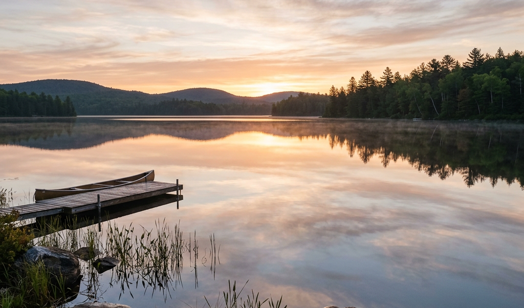 Sunrise over a still lake with a dock and canoe, surrounded by forest and hills.