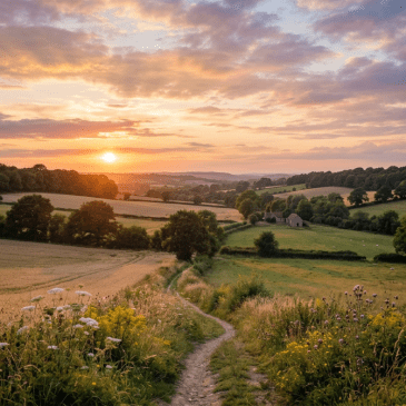 Dirt path through wildflowers in countryside at sunset with fields, trees, and farm buildings