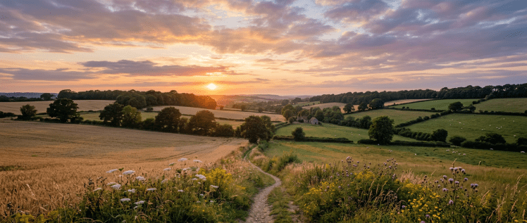 Dirt path through wildflowers in countryside at sunset with fields, trees, and farm buildings