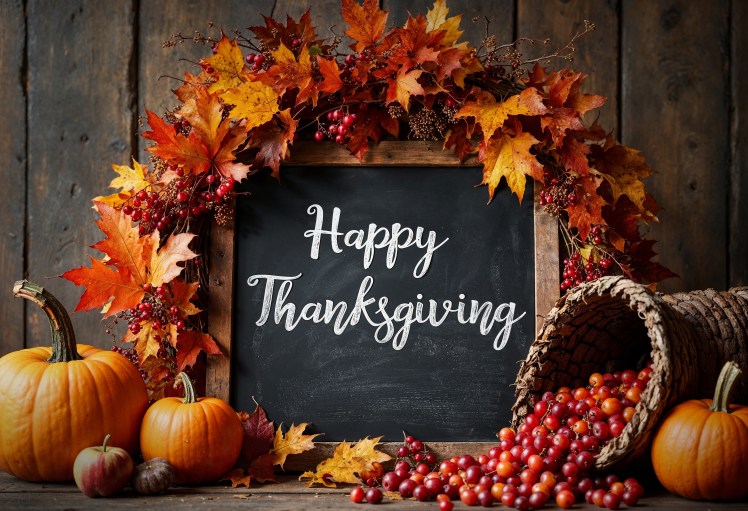 A rustic Thanksgiving decoration featuring a chalkboard with 'Happy Thanksgiving' written on it, surrounded by autumn leaves, pumpkins, and a basket spilling cranberries.